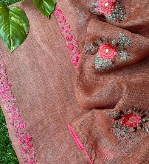 Pure Linen by Linen Floral Embroidery Work Unstitched Top Material with Matching Dupatta – Elegant Summer Wear for Women